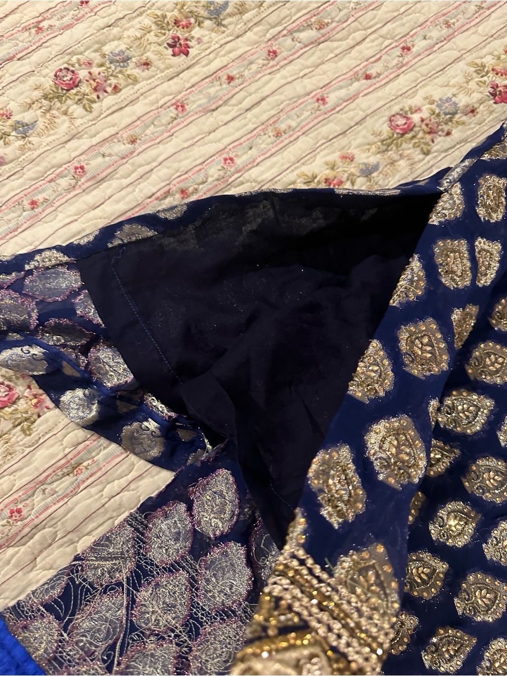 Handmade Ethnic Royal Blue Gold Beaded Indian Tunic Kurti Dress Top M/L Medium - Picture 6 of 8